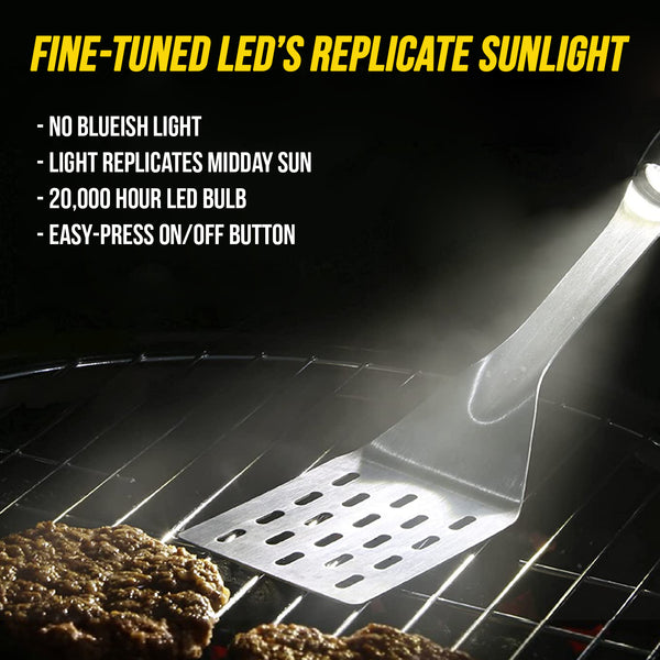 A close-up of a Grillight LED Spatula on a grill with burger patties