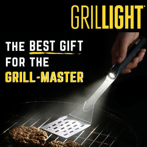 A black square with the Grillight logo, a photo of a lighted spatula, and bold text reading "The Best Gift for the Grillmaster"