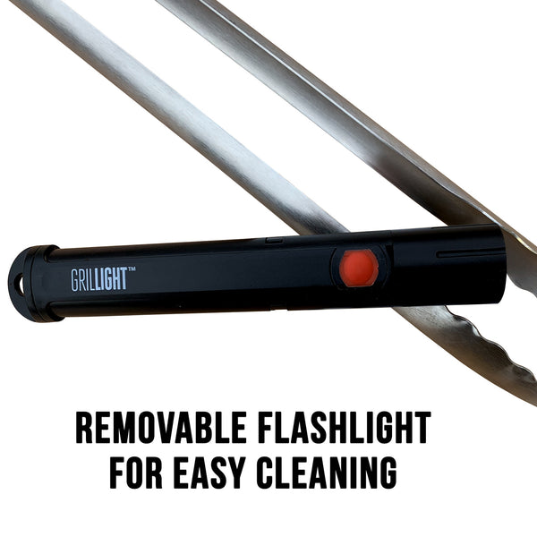 A close-up of Grillight LED Smart Tongs’ removable flashlight