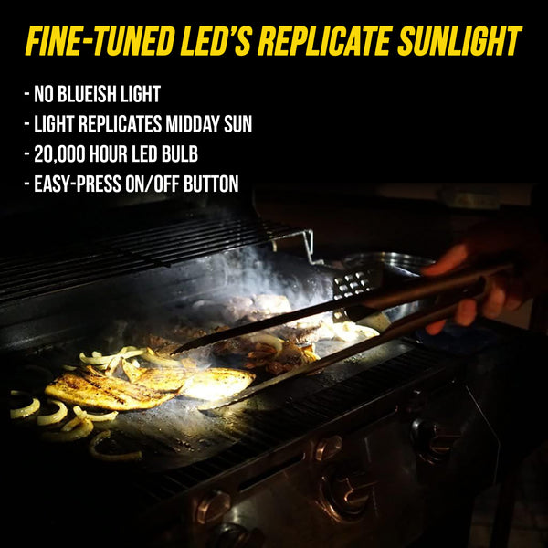 A person using Grillight LED Smart Tongs to light up the grill during nighttime
